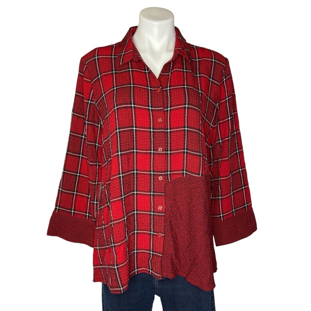 HABITAT Plaid Multi Panel Button Down 3/4 Sleeve Blouse Red Black Medium